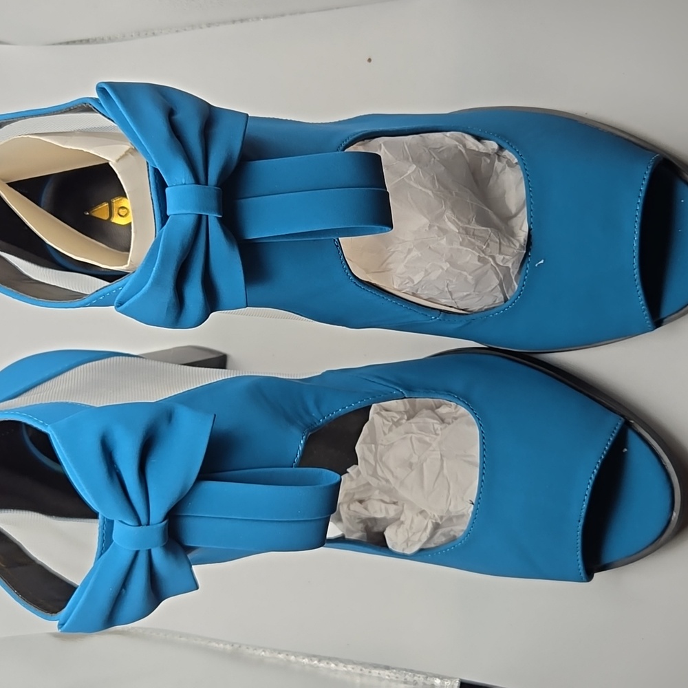Jolimall Teal Blue Sandals Block Heels with Mesh Sides Zip Back Bow size 11 - Picture 6 of 7